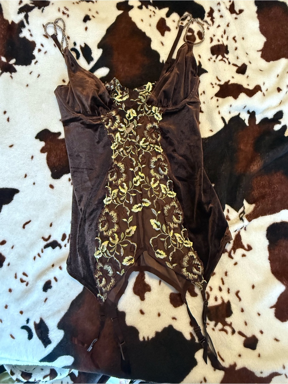Brown Velvet Embroidered Bodysuit with Garter Straps